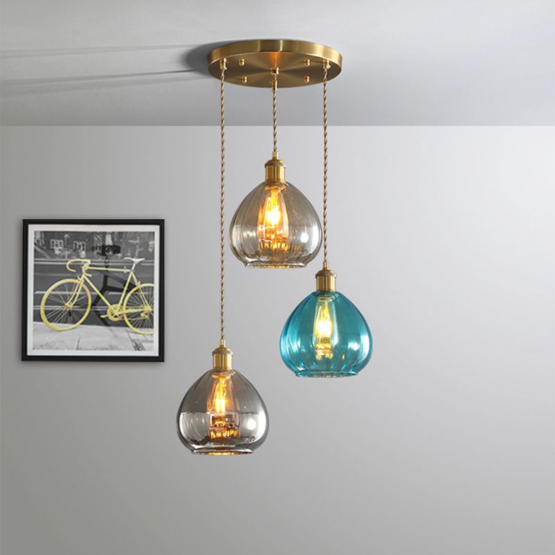 Tan-blu-grigio-grigio vetro Multifiling Light Light Vintage 3-Bulb Lampada a sospensione in ottone con baldacchino lineare/rotondo
