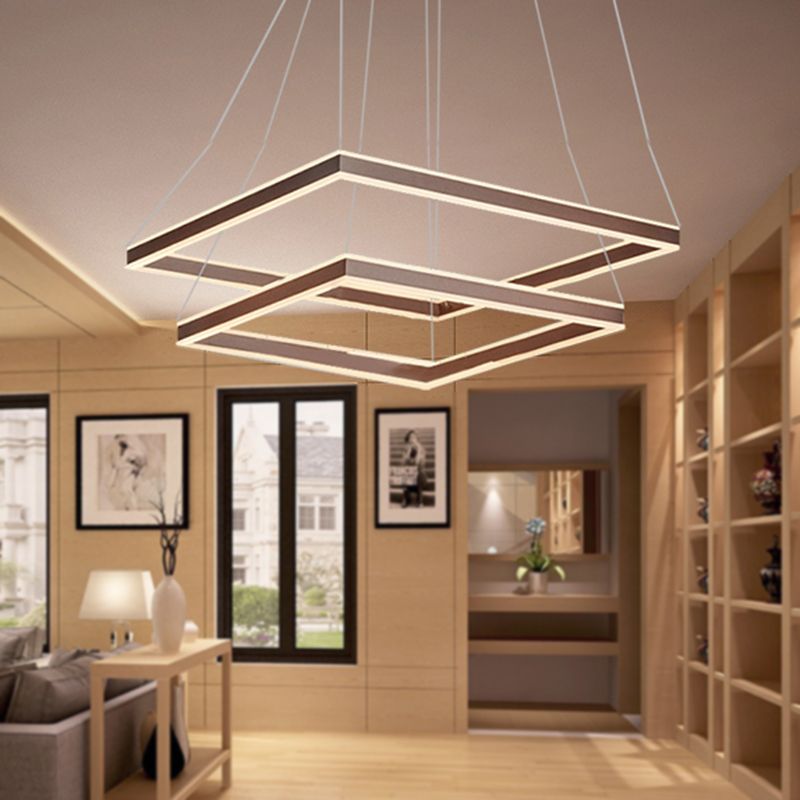 Square Ceiling Pendant Modern Acrylic 1/2/3-Head LED Brown Chandelier Light in Warm/White Light