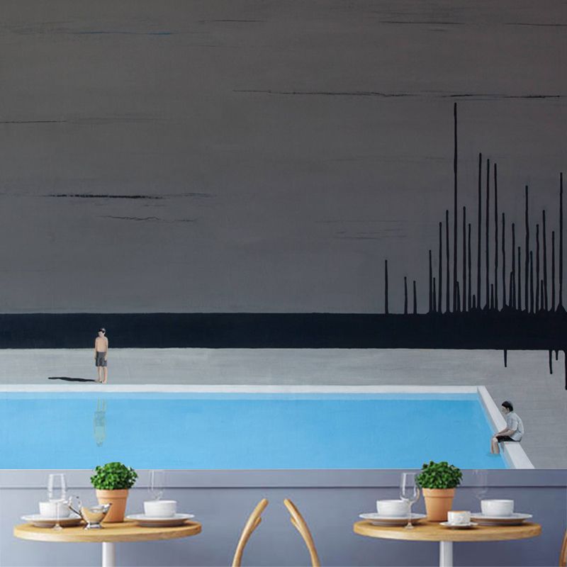 Full-Size Art Deco Mural Wallpaper Grey-Blue Swimming Pool Wall Covering, Custom Size