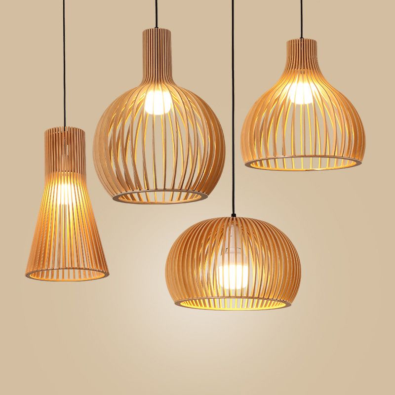 Shaded Dining Room Pendant Light Wood Single-Bulb Contemporary Suspension Light Fixture