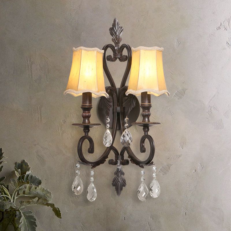 Rust Scalloped Sconce Traditional Metal 2 Lights Indoor Wall Mount Lighting with Fabric Shade and Crystal Accents