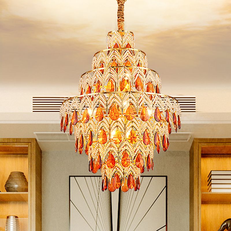 7-Tier Tapered Dining Room Hanging Light Retro Tan Crystal 8 Heads Gold Chandelier Pendant