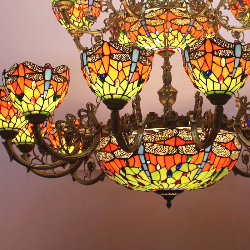 32-Light Dragonfly Chandelier Lighting Tiffany Stained Glass 3-Tier Hanging Light