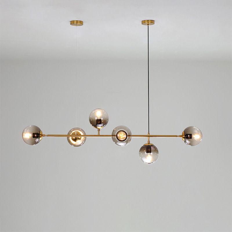 Smoke Grey Glass Globe Pendant Postmodern 6 Bulbs Gold Island Light Fixture for Dining Room