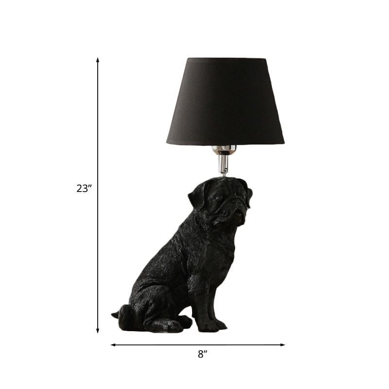 1 Bulb Fabric Night Table Light Traditional Black Drum Bedroom Nightstand Lamp with Resin Dog Base