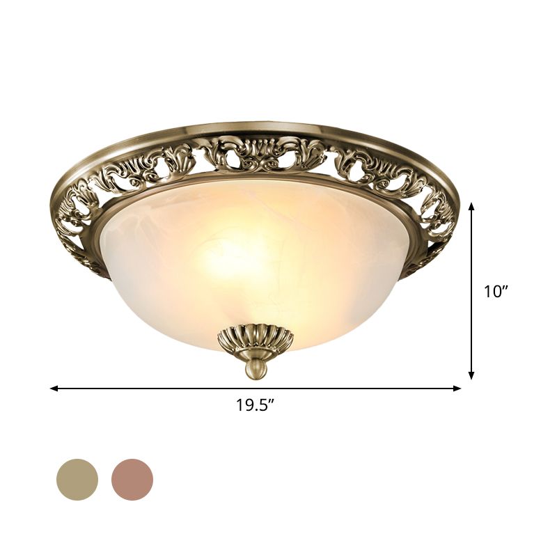 Bowl Shade Opal Glass Flush Ceiling Light Countryside 3-Head Living Room Metal Flush Mount Fixture in Bronze/Copper, 12"/16"/19.5" Wide