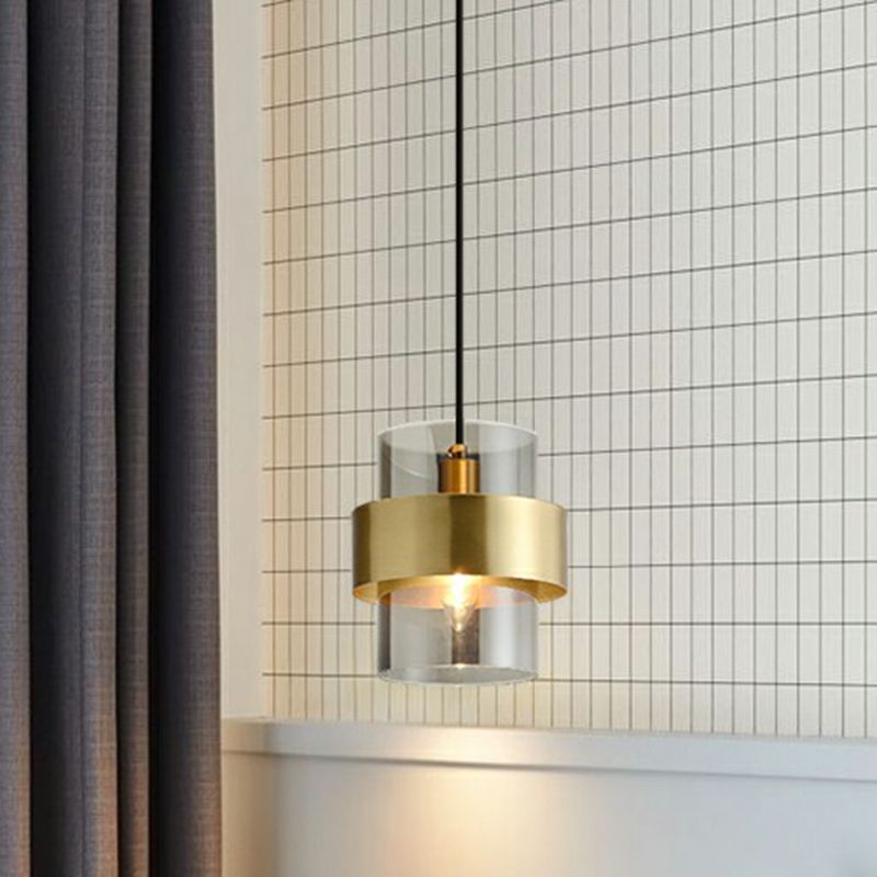 Cylinder Bedroom Down Lighting Smoke Grey Glass Single Postmodern Pendant Light in Brass
