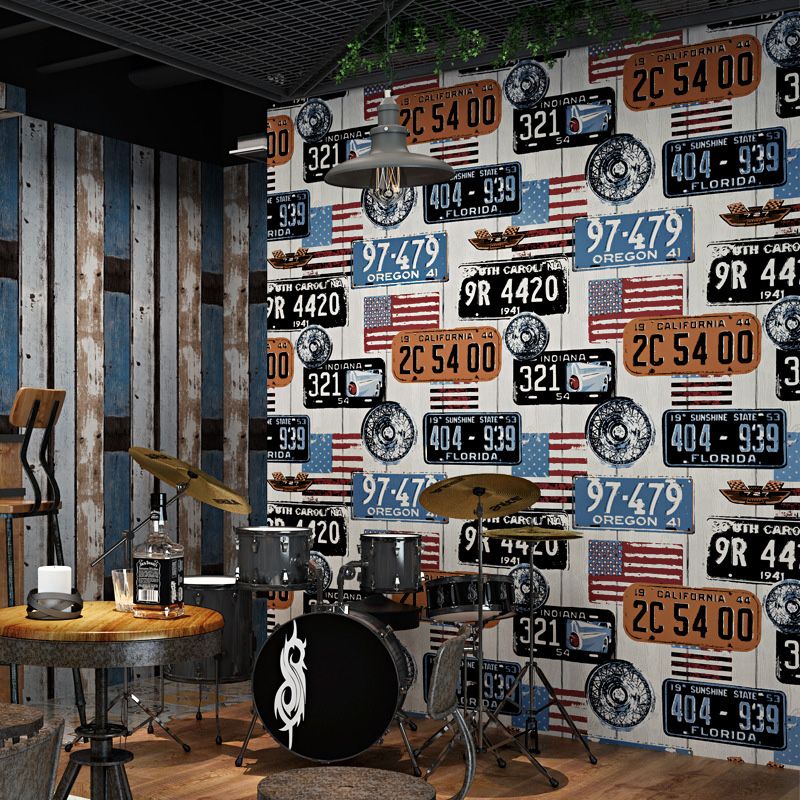 Decorative Non-Pasted Graffiti of Car Plates and USA National Flags Matted Plaster Wallpaper in Multi-Color
