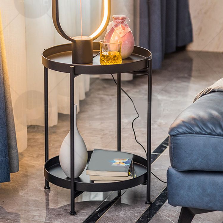 Mid-Century Round Tray Top Side Table Metal 4 Legs End Table with Shelf