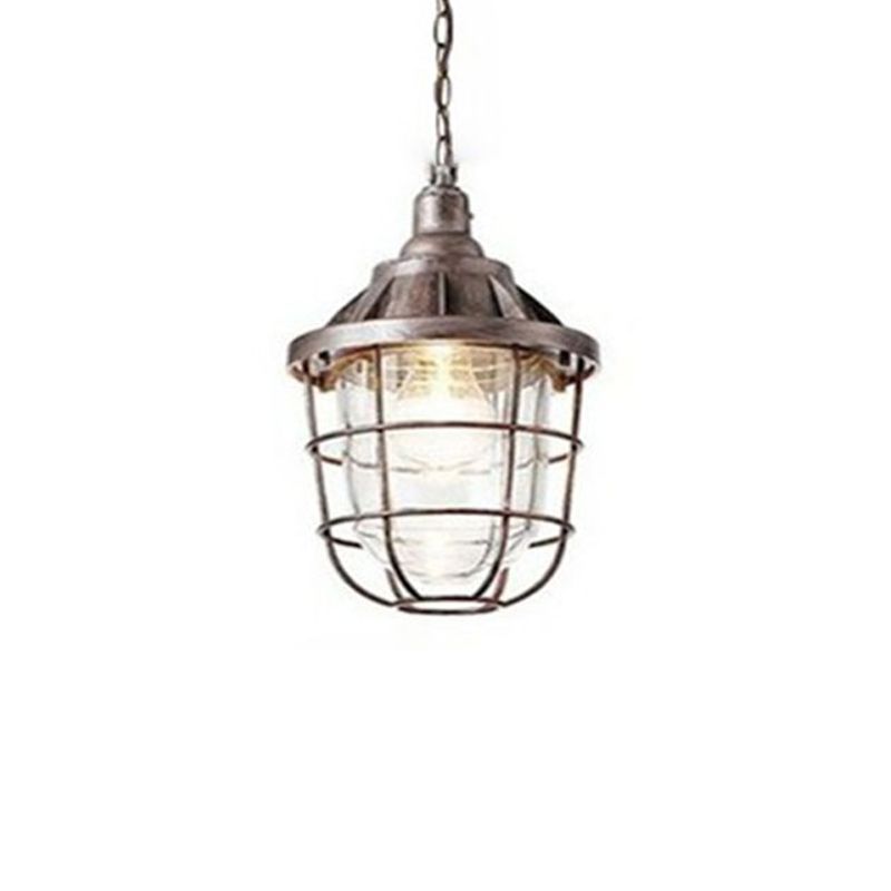 Caged Clear Glass Small Pendant Factory Style 1 Bulb Hanging Light for Restaurant