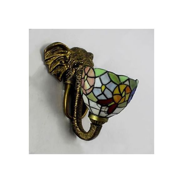 Bowl Sconce Lighting with Elephant Design and Flower/Morning Glory/Dragonfly/Blue Flower Pattern Lodge Style Stained Glass Wall Lamp in Brass