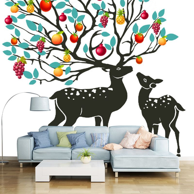 Full Size Decorative Wallpaper Mural Red-Yellow-Blue Sika Deer with Fruit Tree Antler Wall Covering, Custom Print