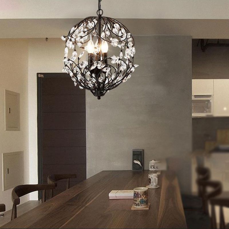 Traditionelle Blumenkugel hängend Kronleuchter 3-Licht Schwarz/Bronze-Eisen-Suspensionslampe mit Kristallakzent
