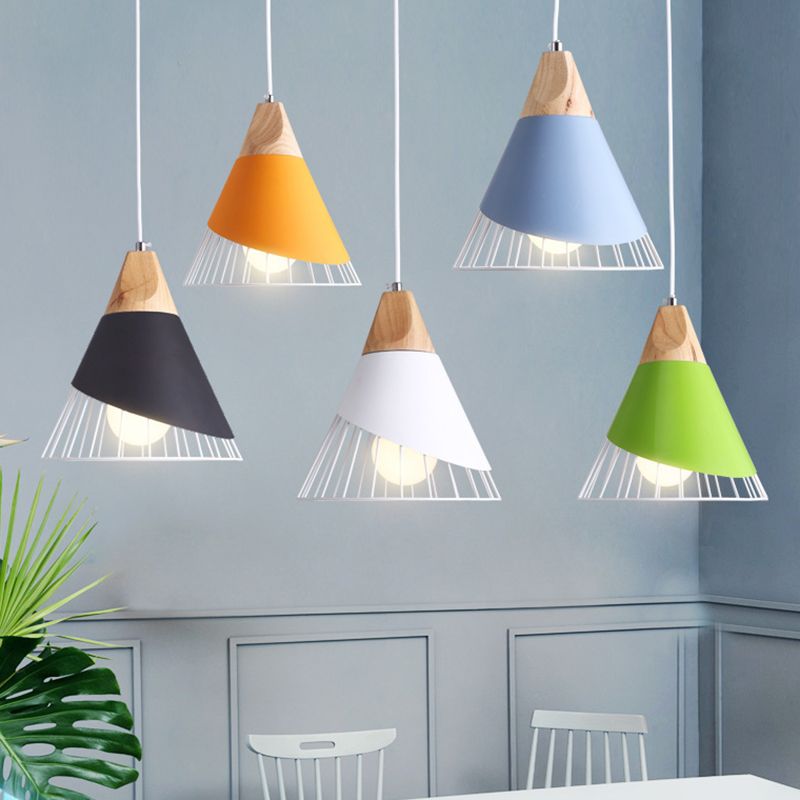 1 Light Macaroon Hanging Light Nordic Minimalist Solid Wood Bedroom Pendant Lamp with Iron Hollow Lampshade