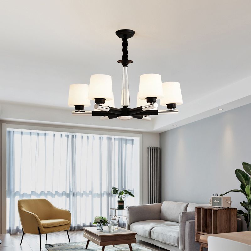 Tapered Frosted White Opal Glass Chandelier Simplicity Living Room Suspension Light in Black