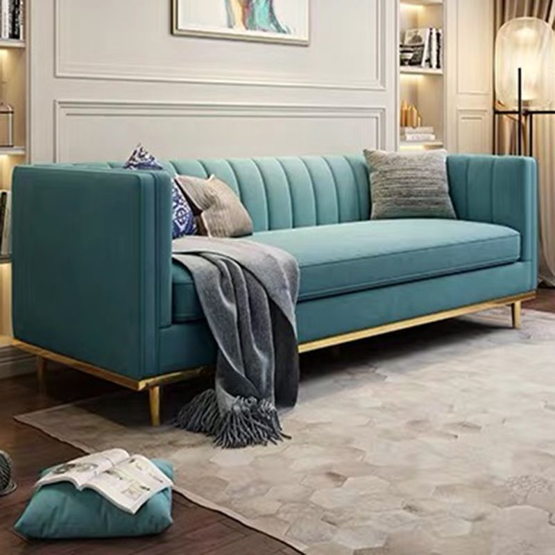 Modern 29.5" H Velvet Tuxedo Arm Sewn Pillow Back Sofa For Living Room
