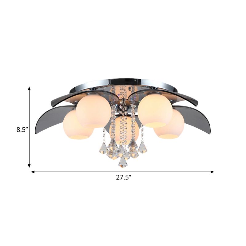 Bal Melk Glas Flush Mounted Lamp Hedendaagse 5 Lampen Hotel Plafond Armatuur met blad en Crystal Strand Decor