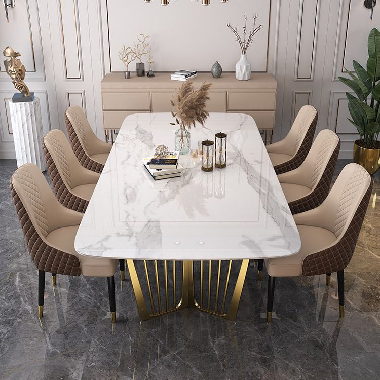 Traditional Luxury Stone Table Rectangle Dining Table with Stainless Steel Double Pedestal