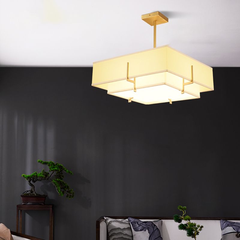 Brass Geometric Pendant Lamp Classic Fabric Chandelier for Living Room