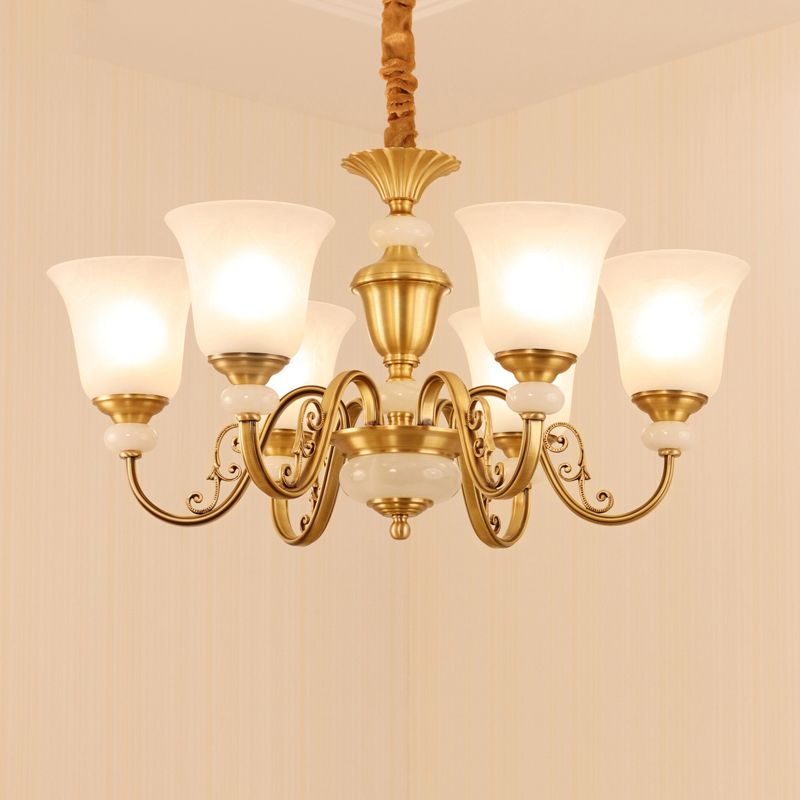 Frosted White Glass Bell Pendant Light Minimalist 6-Bulb Dining Room Chandelier in Gold