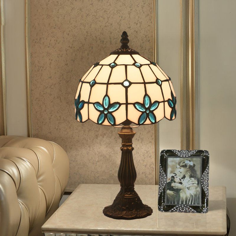 Lattice Bowl White Glass Table Lamp Victorian 1 Light Red/Yellow/Blue Flower Patterned Nightstand Light