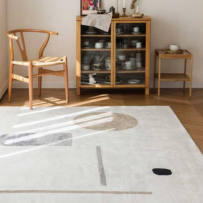 White Tone Random Lines Rug Polyester Carpet Minimalist Anti-Slip Backing Indoor Rug for Living Room