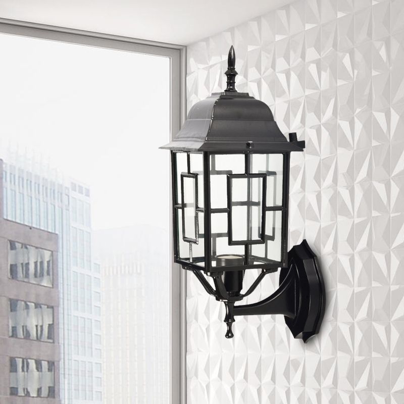 Metallic Pavilion Sconce Rustic 1 Head Garden Wall Lighting Ideas in Black with Clear Glass Shade