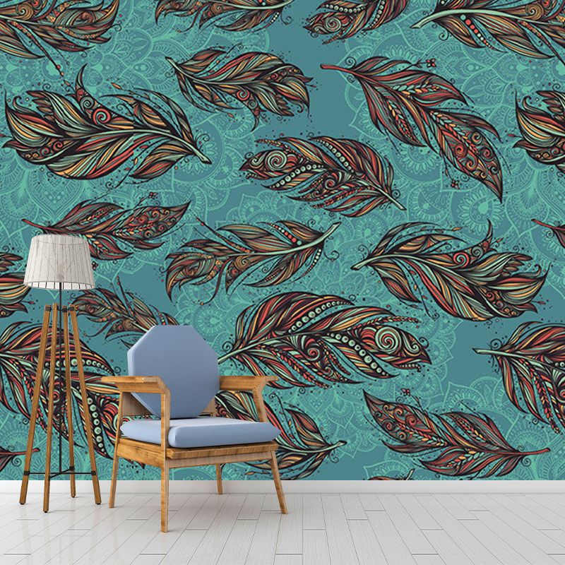 Modern Feathers Wall Murals for Backsplash, Customize Size Available Wall Art in Aqua and Brown