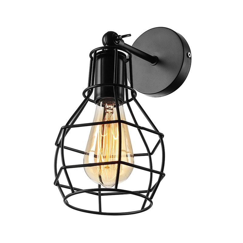 Black Barrel/Flared Cage Wall Sconce Industrial Style Metal 1 Head Living Room Rotatable Wall Mount Light