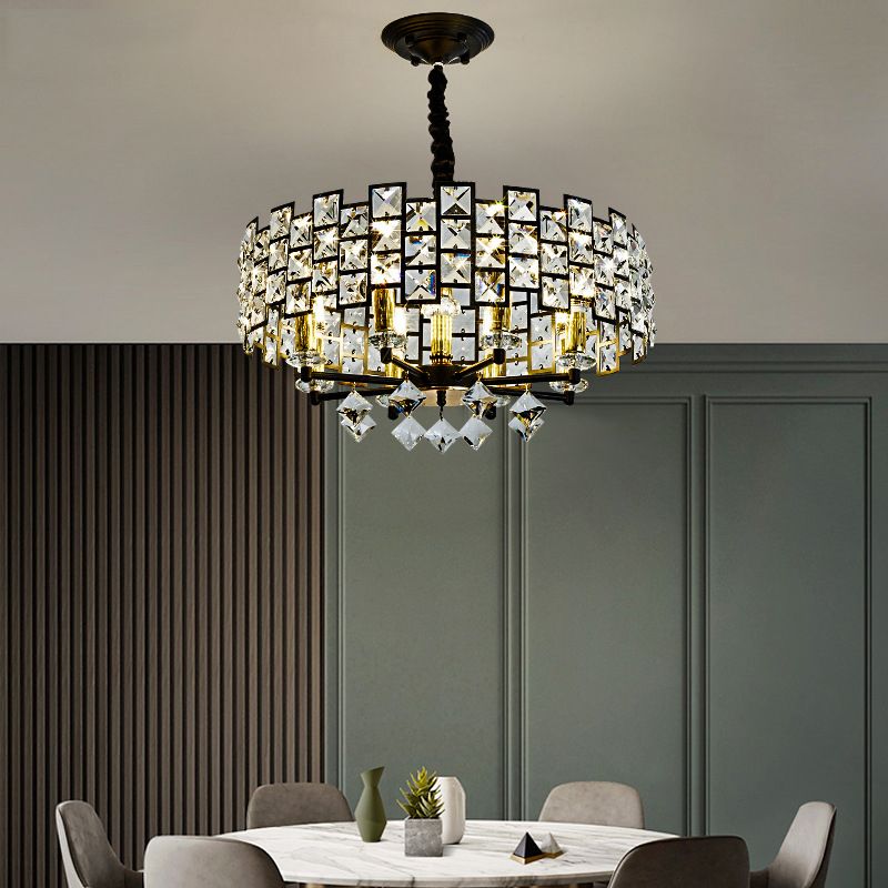 8/12 Heads Hanging Lamp Traditional Circular Crystal Embedded Chandelier Pendant Light in Black