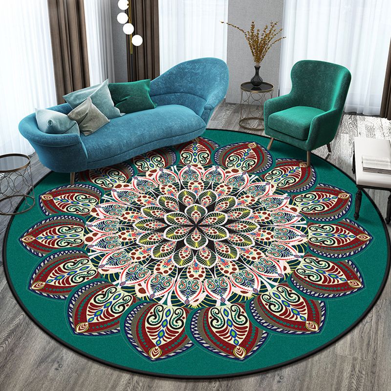 Moroccan Round Rug Medallion Print Indoor Rug Stain Resistant Polyester Area Rug for Living Room