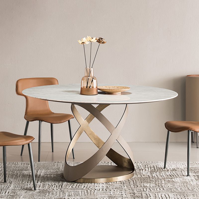 Modern Round Marble Top Dining Table with Metal Pedestal Base