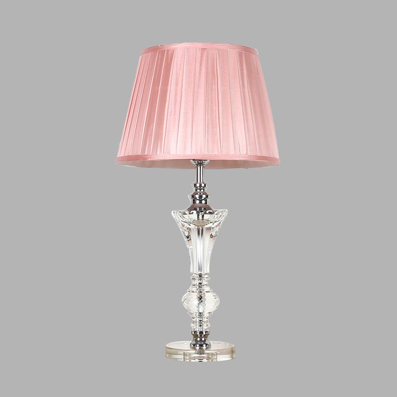 Single Head Table Light Countryside Conical Fabric Night Lamp in Pink/Blue/Beige with Clear Crystal Base