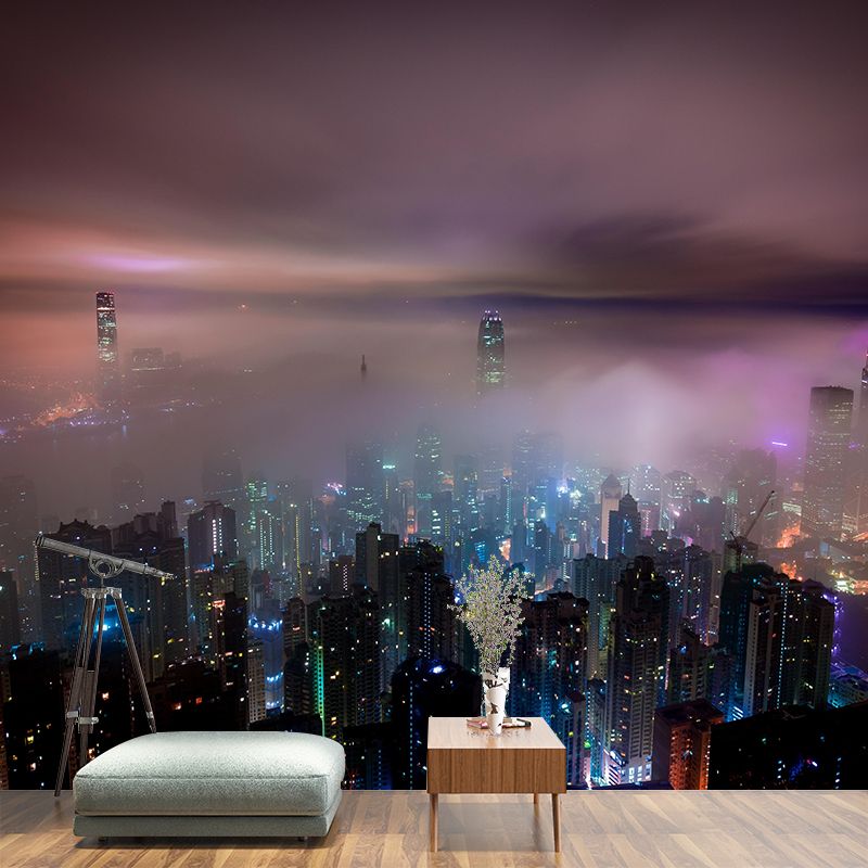 Hongkong City View Mural Bright Stain Resistant Wall Covering for Living Room