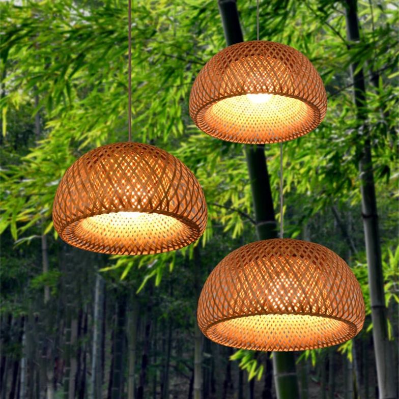 Double walled Hanging Lamp Kit Asian Bamboo 1-Light Beige Hanging Pendant for Restaurant