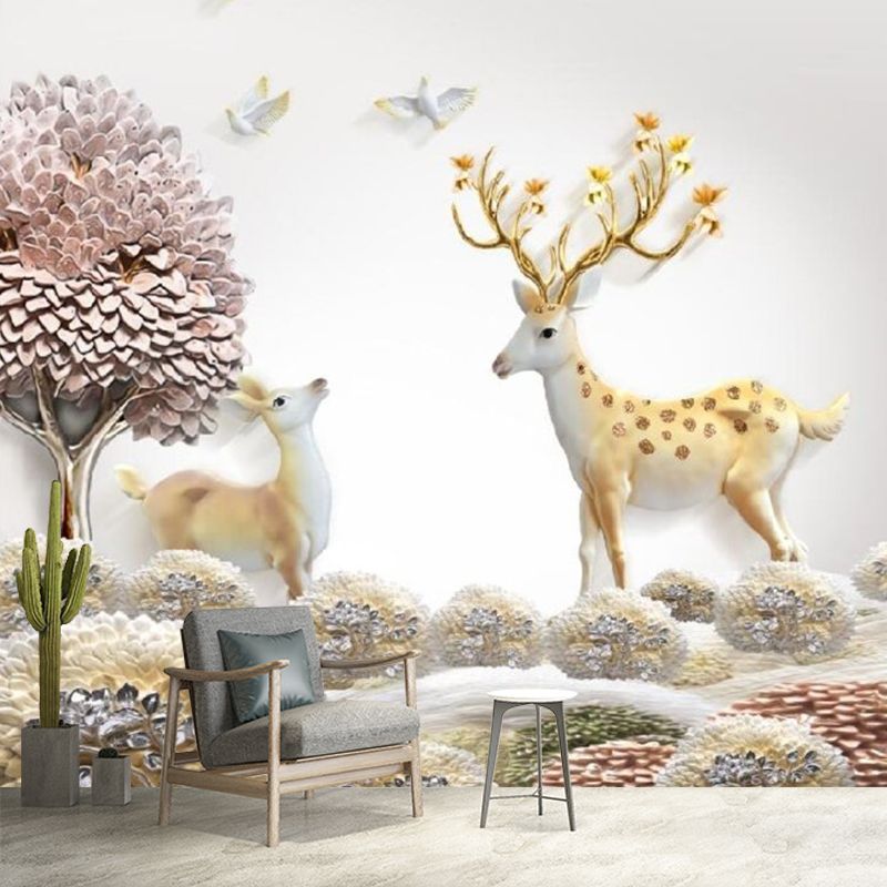 Nordic Grassland Deer Wall Mural Purple-Yellow Moisture Resistant Wall Art for Home