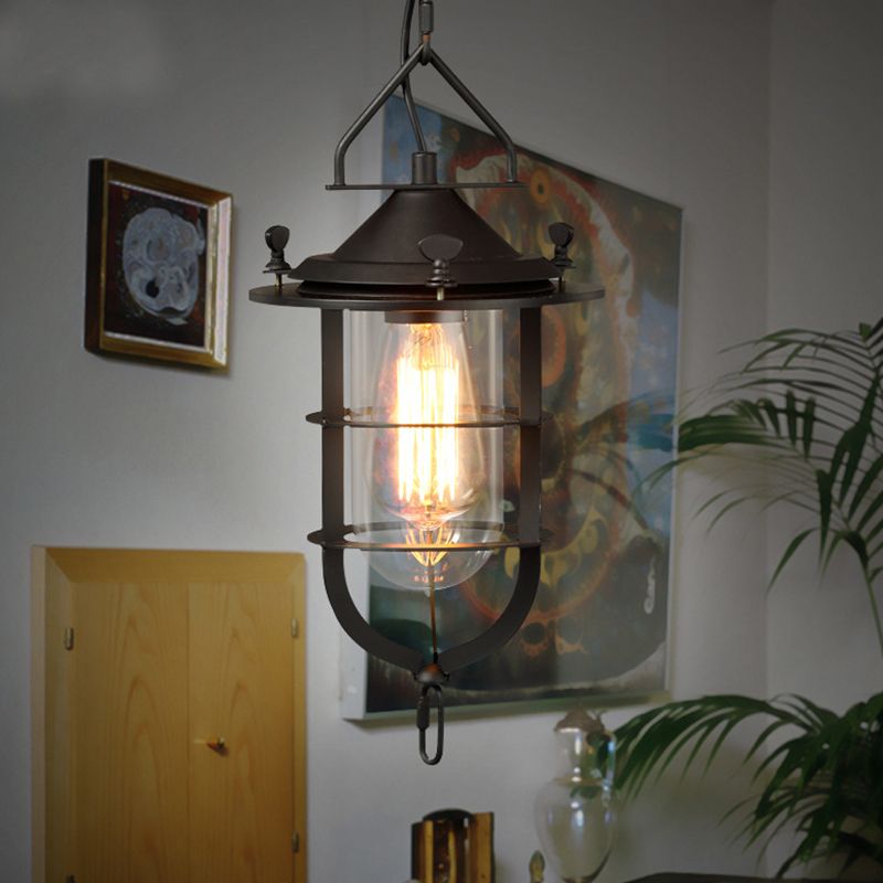 Luz de colgante de vidrio transparente de una sola bombilla Cápsula negra vintage comedor de comedor Péndulo con jaula