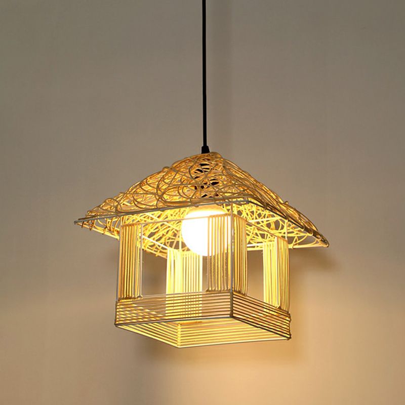 House Shaped Drop Pendant Asian Bamboo 1-Light Restaurant Hanging Light in Beige