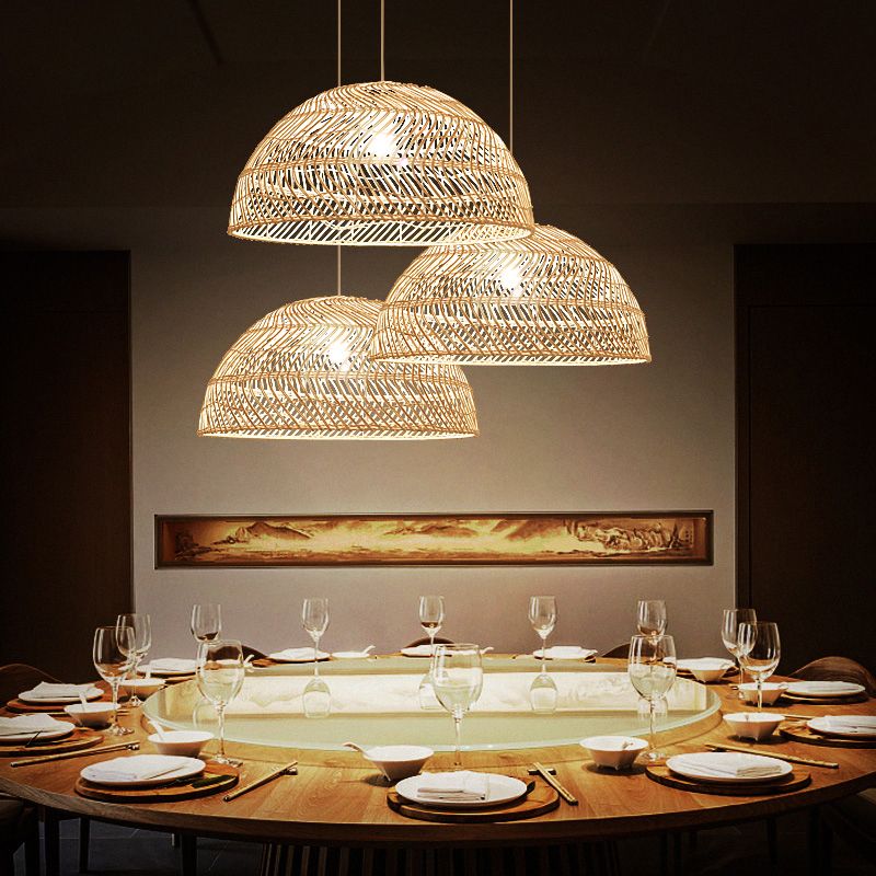 Rattan Dome Shaded Suspension Lighting Simplicity 1-Light Wood Pendant Light Fixture