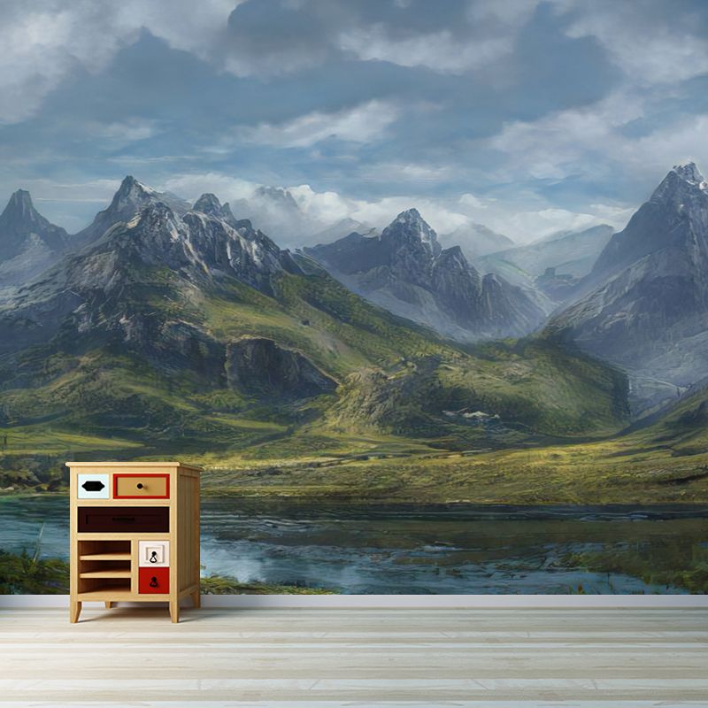 Mountain Landscape Illustration Mural for Guest Room Decoration, Mildew Resistant