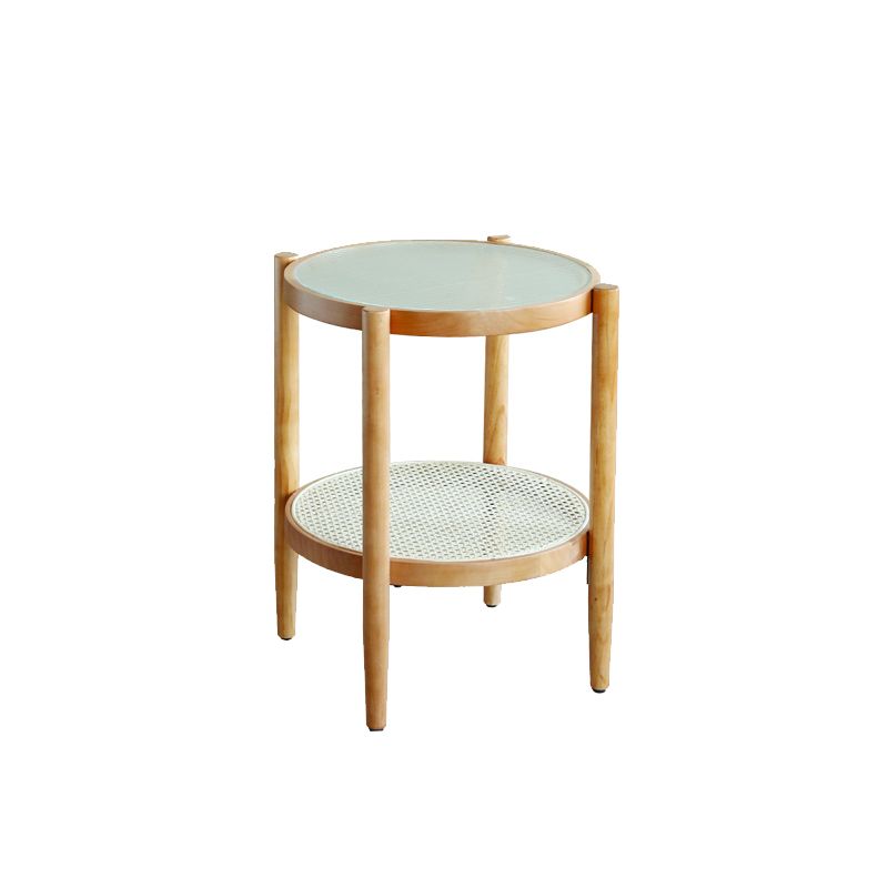 Round Glass/ Wood Top Coffee Table 4 Legs Cocktail Table with Shelf