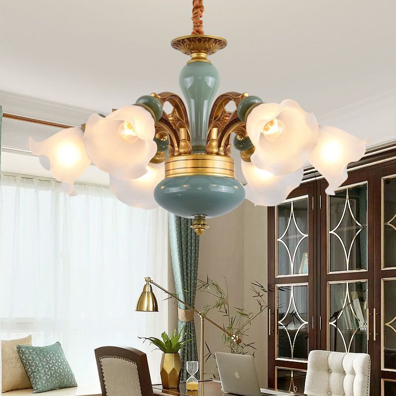 Gold 6/8/10-Bulb Ceiling Suspension Lamp Retro Style Cream Glass Blossom Shaped Chandelier Lighting