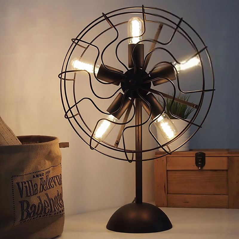 5 Bulbs Fan Design Table Lamp with Cage Shade Farmhouse Style Black Finish Metallic Table Light for Bedroom