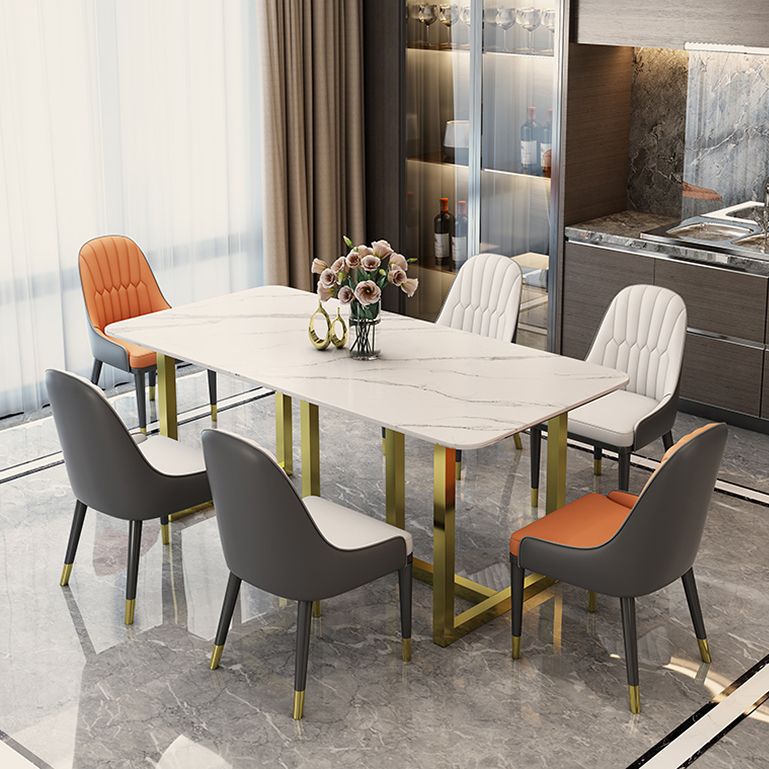 Rectangle Traditional Luxury Dining Table White Sintered Stone Table with Gold Double Pedestal