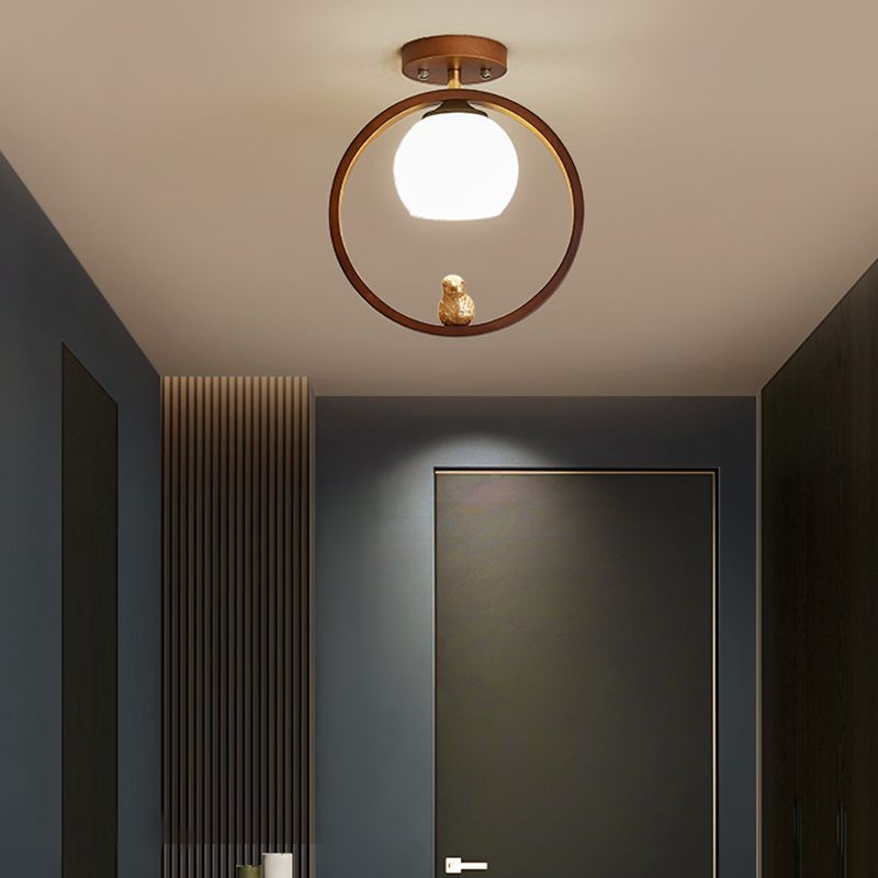 Round Shape Ceiling Lamp Modern Wood 1 Light Flush Mount with Glass Lampshade for Aisle