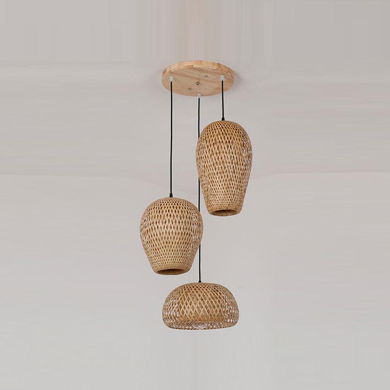 3 Lights Stairway Pendant Asian Style Multiple Hanging Light with Braided Bamboo Shade