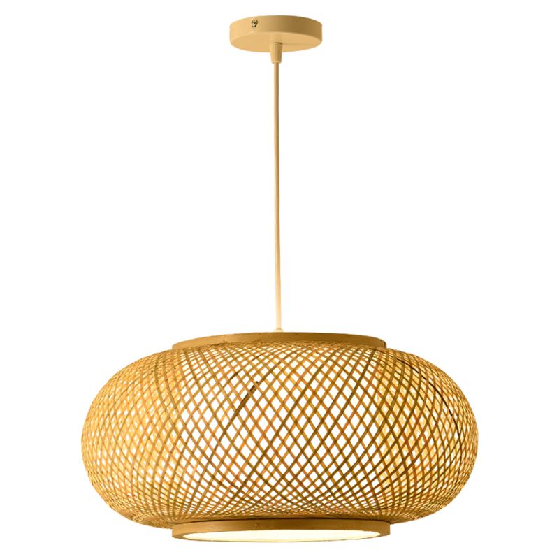 Bamboo & Rattan Weaving Drum Suspended Light Asian Style 1 Light Accent Pendant Lamp in Beige