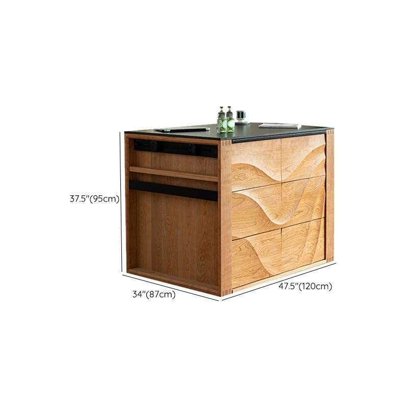 Black Stone Rectangular Kitchen Island Table with Solid Wood Storage Base