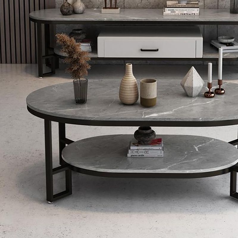 Rectangle Slate Coffee Table Abstract Coffee Cocktail Table with Shelf