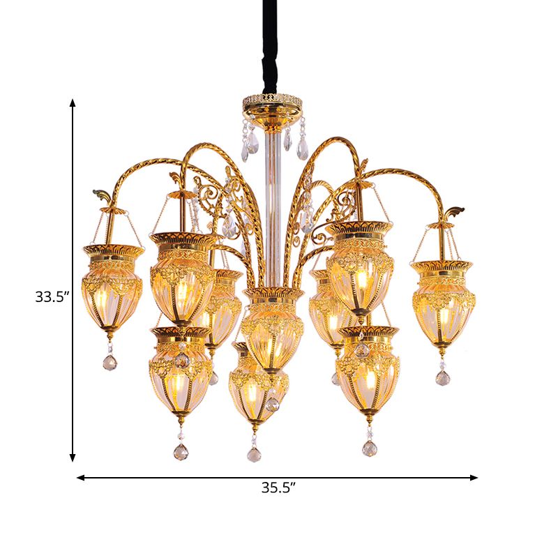 Gold Urn Ceiling Chandelier Art Deco Tan Prismatic Glass 10 Heads Living Room Suspension Pendant with Crystal Accent